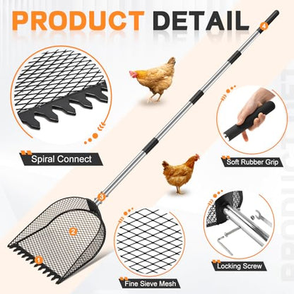 CAROD Metal Chicken Poop Scooper and Rake 2-in-1, Poop Chicken Scoop Sand with Stainless Steel Handle (43-73" Adjustable), Sifter Shovel Chicken Coop Sand Rake for Chicken Coops & Farm Animals - size: medium