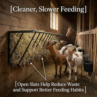Wall-Mounted Hay Feeder, Carbon Steel Goat Feeder, 67 Gallon Dual-Purpose Rack for Livestock Feed, Blankets, Clothes, 63" x 13" x 17"
