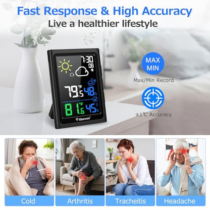 Geevon Indoor Outdoor Thermometer Wireless Weather Station with Color Display, Digital Hygrometer Temperature Humidity Monitor with Alarm Clock and Backlight