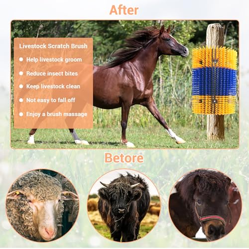 Livestock Scratching Brush 2 Pcs, Heavy Duty Horse Brush with Mounting Screws, Itch Relief & Grooming for Cattle Goat Pig Cow, Farm Animal Back Scratcher, Blue & Yellow - color: Blue yellow 2