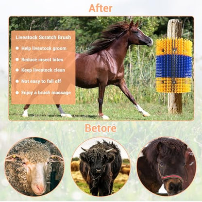 Livestock Scratching Brush 2 Pcs, Heavy Duty Horse Brush with Mounting Screws, Itch Relief & Grooming for Cattle Goat Pig Cow, Farm Animal Back Scratcher, Blue & Yellow - color: Blue yellow 2