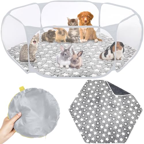 VitalCozy Hamster Playpen with Mat Small Animal Cage Tent Breathable Transparent Guinea Pig Playpen Waterproof Portable Yard Fence Mat Foldable Exercise Playpen Outdoor Indoor (Gray,Star) - color: Gray