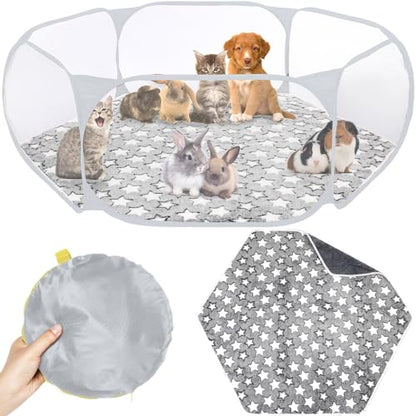 VitalCozy Hamster Playpen with Mat Small Animal Cage Tent Breathable Transparent Guinea Pig Playpen Waterproof Portable Yard Fence Mat Foldable Exercise Playpen Outdoor Indoor (Gray,Star) - color: Gray