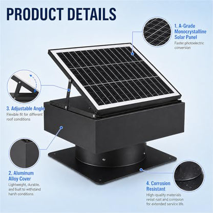 60W Solar Attic Fan, 14 Inch 2500 CFM Solar Powered Roof Exhaust Fan, Controller-Free Auto Ventilation, Heavy-Duty Copper Motor Weatherproof Vent for Home, Garage, Greenhouse, Shed - color: Black+Square 5