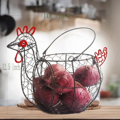 Rustic Wire Egg Basket with Handle, Rooster Chicken Shaped | Metal Construction, Holds 15-30 Eggs, Farmhouse Countertop Decor, Chicken Coop, Easter and Gift