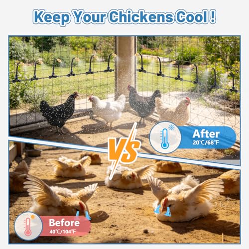 Kalolary 100FT Chicken Coop Misting Cooling System with 25 Mist Nozzles Brass Adapter (1/4"), Quick Connect Tubing Fittings Poultry Cooling System for Cooling Summer Heat Garden, Greenhouse, Patio - color: 100FT Blue
