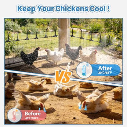 Kalolary 100FT Chicken Coop Misting Cooling System with 25 Mist Nozzles Brass Adapter (1/4"), Quick Connect Tubing Fittings Poultry Cooling System for Cooling Summer Heat Garden, Greenhouse, Patio - color: 100FT Blue