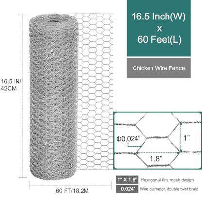 Chicken Wire Fencing, 24 Rifny 16.5 Inch x 60 Feet Chicken Wire Mesh Roll for Garden Plants, 1 Inch Mesh Hexagonal Galvanized Metal Poultry Wire Netting for Chicken Coop Rabbit Dogs Barrier - size: 16.5 x 720 Inches-1 Inch Mesh