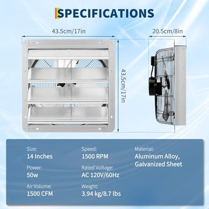 OUTLANE High-Efficiency Industrial Shutter Exhaust Fan - Automatic Wall-Mounted Ventilation - Quiet High-Speed Motor - Powerful Airflow for Attic, Garage, Greenhouse, Workshop, Enclosure, Commercial - size: 14IN