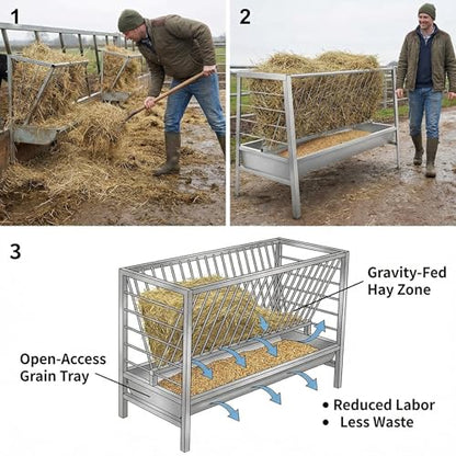 Stainless Steel Feeder with Galvanized Trough Hay Rack, 77 Gallon Capacity 60-Inch Length 2 in 1 Hay Feeder for Goats, Sheep and Ponies, Deeper Tray, 33.4-Inch Height for Farms, Sheep Sheds, Pastures
