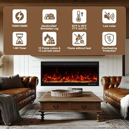 42 Inch Smart Wall Mount & in Wall Recessed Electric Fireplace Insert,App Control, Multi Colors of Flame & Fuel Bed,Timer & Thermostat & Low Noise,750W/1500W Indoor Heater, Black - size: 42 Inch WiFi