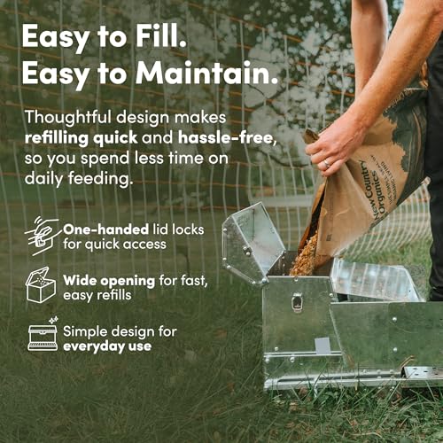 RentACoop 25 lb Automatic Treadle Chicken Feeder, Metal Rat Resistant Poultry Feeder, Rainproof No Waste Step-On Feeder for Chickens, Bantams, Ducks, Pheasants, Outdoor Covered Feed Bin - style: 25LB Treadle Feeder