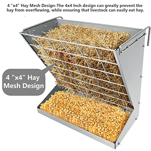 Wall Mount Hay Rack, Heavy-Duty Galvanized Metal 2 in 1 Hay and Grain Feeder, Livestock Feeder with Adjustable Distance, Hay Feeder for Goats, Sheep, Horse - color: Silver