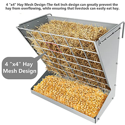 Wall Mount Hay Rack, Heavy-Duty Galvanized Metal 2 in 1 Hay and Grain Feeder, Livestock Feeder with Adjustable Distance, Hay Feeder for Goats, Sheep, Horse - color: Silver