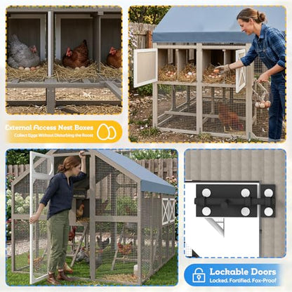 71" H Large Chicken Coop Outdoor Walk in Chicken Run for 8-12 Chickens, Weatherproof Hen House with 8 Nesting Boxes, Ramp, Wooden Poultry Cage for Backyard Yard Farm - color: Walk-in Chicken Coop Grey