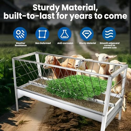 99 Gallon Pasture Hay Feeder, 2 in 1 Stainless Steel Goat Hay Feeder with Deeper Feeding Pan for Goat Sheep Horse, Detachable Livestock Feeder Ease of Assembly in Farm Outdoor (silvery stainess steel) - color: silvery stainess steel