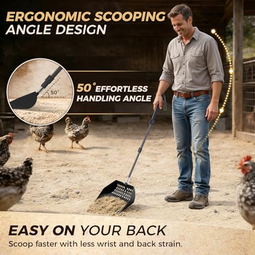 Chicken Poop Scooper & Rake 3 in 1 - Aluminum Alloy Chicken Coop Scoop & Snap-Lock Telescoping Adjustable Handle (16 to 44”), Sand Sifter Shovel for Small Farm Animals US Patent Pending (Sable Black) - color: Sable Black