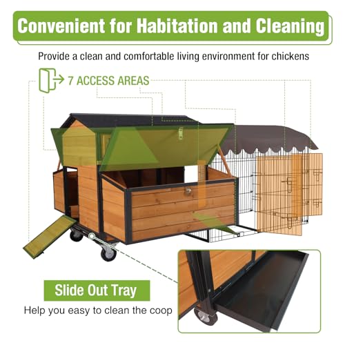 GUTINNEEN Mobile Chicken Coop with All-Around Metal Frame, 76.7" Large Chicken Coops with Super Large Wheels, Outdoor Poultry Cage Hen House with Metal Run for 6-8 Chickens - size: 76"L