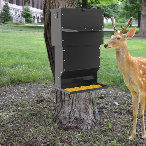 59.5 Gallons Hanging Deer Feeder, Automatic Dog Feeder Large Breed with Lid Freestanding Gravity Deer Feeders Gravity Dispenser Feeds Protein and Corn, Hanging & Wall Mount Wildlife Feeder