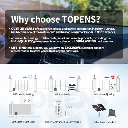 TOPENS DK1000S Solar Sliding Gate Opener Rack Drive Automatic Gate Motor for Heavy Driveway Slide Gates Up to 1800 Pounds, Electric Gate Operator Battery Powered with Solar Panel Remote Control Kit
