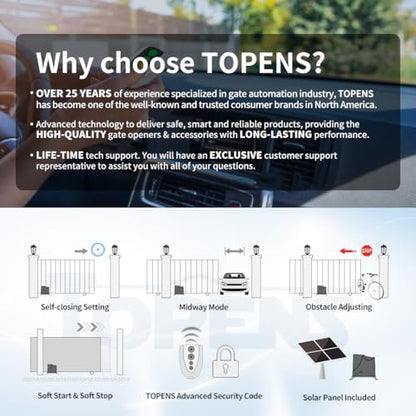 TOPENS DK1000S Solar Sliding Gate Opener Rack Drive Automatic Gate Motor for Heavy Driveway Slide Gates Up to 1800 Pounds, Electric Gate Operator Battery Powered with Solar Panel Remote Control Kit