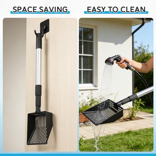 Cat Litter Scoop, Deep Shovel with Metal Long Handle, 21"-39.5" Telescopic & Adjustable Heavy Duty Fast Sifting Shovel Kitty Litter Scooper for Sifting Cats Litter - size: 21-39.5 inch