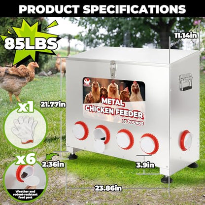 Sidasu 85 lbs 6-Port Galvanized Chicken Feeder No Waste with Locking Lid&Riveted Handles,Adjustable Height,Large Capacity Rainproof Automatic Chicken Feeders for Chickens, Poultry Coop,Silver - size: 85lbs