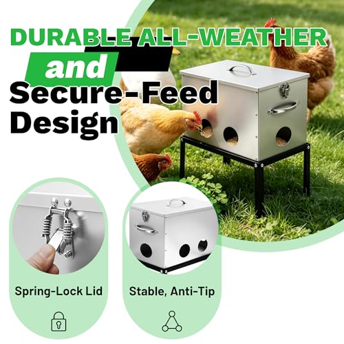 40lb Automatic Chicken Feeder, 6-Port Large Capacity Metal Poultry Feeder, Galvanized Steel Chicken Feeder for Hen Coop