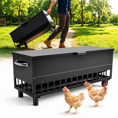 120LBS Automatic Metal Chicken Feeder,Heavy Duty Steel Chicken Feeder Box | Portable Chicken Feede Poultry Feeder with single-side casters and Weatherproof Lid for Ducks, Geese, Black