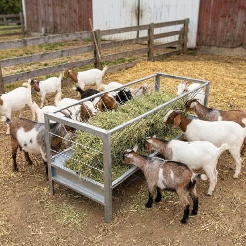 96 Gallon Goat Hay Feeder, 2 in 1 Hay Feeder for Goats, 5 Ft Long Feeding Tray for Livestock Feeder, Feeding Goats, Sheep and Ponies, for Farms, Sheep Sheds (Galvanizing)