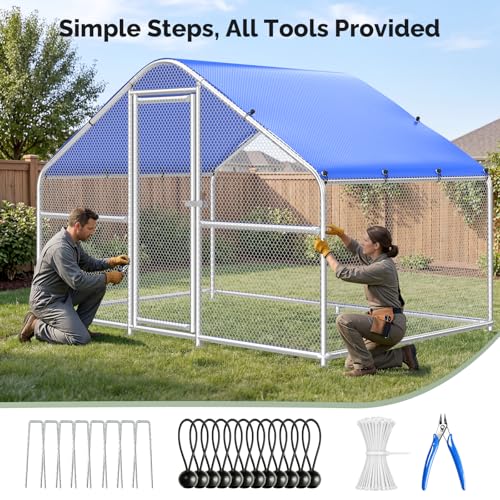 Sino Luban Metal Chicken Coop Run 6.6x6.6ft, Large Chicken Runs for Yard with Waterproof Cover, Outdoor Chicken Pen Chicken Enclosure, Walk-in Poultry Cage with Upgrade wall Support Brace - size: 6.6x6.6 FT - Chicken Wire