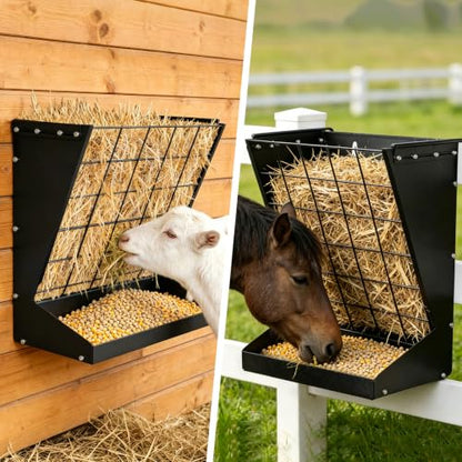 2 in 1 Wall Mount Hay and Grain Feeder,Livestock Feeder | Galvanized Steel Hay Feeder Rack,Large Capacity,For Goats/Sheep, Horses, Cattle,Barn Farm Pens