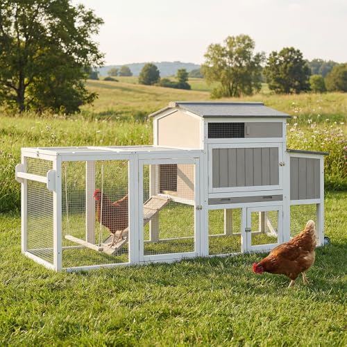 78" Wooden Chicken Coop with Nesting Box, Poultry Cage with Wheel Leak Proof Pull-on Tray and Asphalt Waterproof Roof, Hen House for Garden Backyard Farm - color: Grey, size: 25.6"L x 39.4"W x 77.4"H