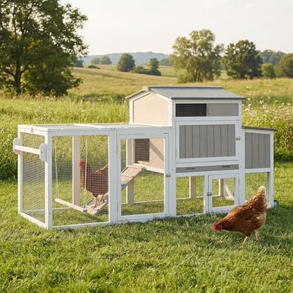 78" Wooden Chicken Coop with Nesting Box, Poultry Cage with Wheel Leak Proof Pull-on Tray and Asphalt Waterproof Roof, Hen House for Garden Backyard Farm - color: Grey, size: 25.6"L x 39.4"W x 77.4"H