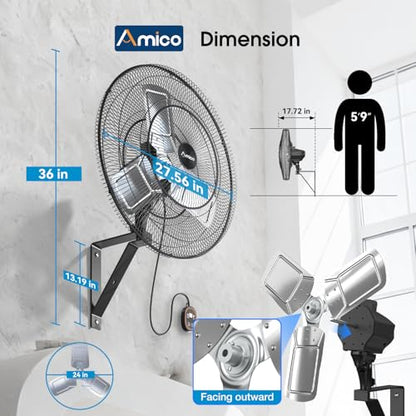 Amico 24 Inch Industrial Wall Mount Fan with Remote Control, DC Motor, 8 Speeds, 8690 CFM High Velocity, Oscillating Shop Fan with Timer for Gym, Patio,Garage, Outdoor - size: 24 Inch