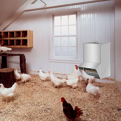 Galvanized Chicken Feeder, Poultry Feeders No Waste 30LBS Capacity, Rat Proof Hanging Chicken Feeder with Lid, Weatherproof Steel Outdoor Coop Food Dispenser for Chicken and Duck, Silver