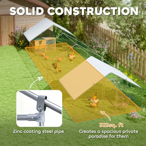PawHut Large Chicken Coop Metal Chicken Run with Waterproof and Anti-UV Cover, Spire Shaped Walk in Fence Cage Hen House for Outdoor and Yard Farm Use, 1" Tube Diameter, 9.8' x 32.8' x 6.4' - size: 393.7"L x 118.1"W x 76.8"H