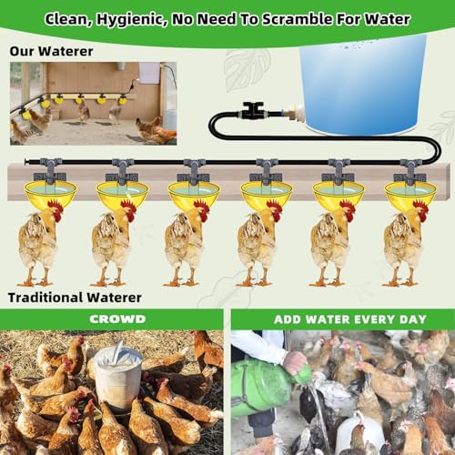 Complete Set Pipeline Automatic Chicken Waterer System, Innovative Quick-Connect Water System with Large Size Water Cups Removable and Washable, 18ft Pipeline and Float Valve (Yellow, 6Cup)