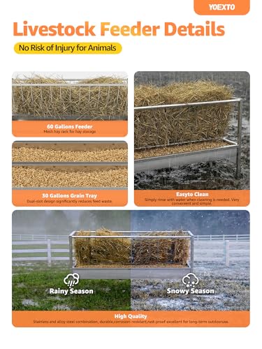 Goat Hay Feeder, 90 Gallon Livestock Feeding Trough with Waste-Reducing Tray, Heavy Duty Galvanized Steel Goat Feeder for Outside, Farm, Barn, Ranch and Sheep Pen