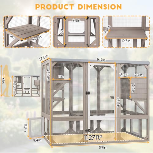 Ketive Catio Outdoor Cat Enclosure, Wooden Cat Catio, Large Weatherproof Cats House with Multiple Platforms and 1 Resting Boxes for Multiple Cats - size: 59" L x 27.5" W x 47.2" H