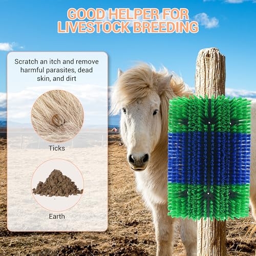 Livestock Scratching Brush 2 Pcs, Heavy Duty Horse Brush with Mounting Screws, Itch Relief & Grooming for Cattle Goat Pig Cow, Farm Animal Back Scratcher, Blue & Green - color: Blue green 2
