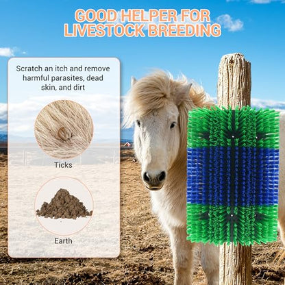 Livestock Scratching Brush 2 Pcs, Heavy Duty Horse Brush with Mounting Screws, Itch Relief & Grooming for Cattle Goat Pig Cow, Farm Animal Back Scratcher, Blue & Green - color: Blue green 2