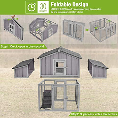 GUTINNEEN Chicken Coop with Run for 4-6 Chickens, 26ft² Large Hen House with Nesting Box, Foldable Poultry Cage with Pull Out Tray and Waterproof Roof, Easy to Assemble - color: Grey with Run 26.4ft²