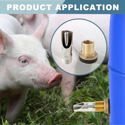6Pcs Pig Waterer Nipples, Stainless Steel Automatic Pig Nipple Waterer Hog Water Drinker Feeder with Brass Water Tank Connector, Drill Bit and Tape, for Hog Piglets Goat