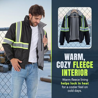 North 15 Men's High Visibility Reflectrd Hooded Safety Bomber Jacket, Fleece Lined - color: Black, size: Medium