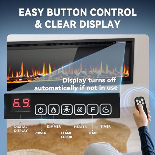 EUHOMY 60 Inch Electric Fireplace Recessed Wall Mounted Freestanding with Remote Control, Ultra-thin Fireplace Heater with Adjustable Flame Color, Linear Fireplace with Timer, Log & Crystal, 750/1500W - size: 60 Inch Premium