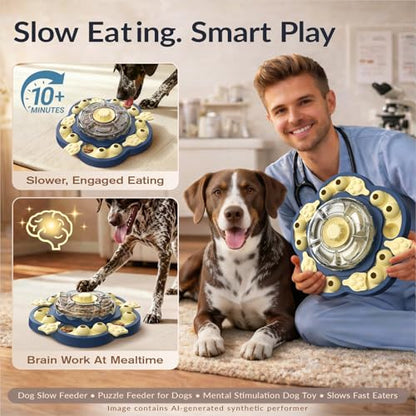 KADTC Dog Puzzle Toy, 3 Levels of Step-by-Step Challenge, Spin to Release Treat Dispenser, Slow Feeder & Mental Stimulation Enrichment Toy for Small Medium Large Dogs - color: Sunflower Blue