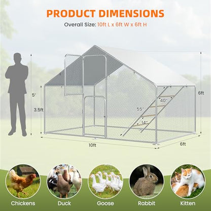 UDPATIO Large Metal Chicken Coop Walk in, Outdoor Heavy Duty Chickens Pen Run w/Cover for 10-15 Chickens - Predator Proof Poultry House - size: 72.0"L x 120.0"W x 72.0"H