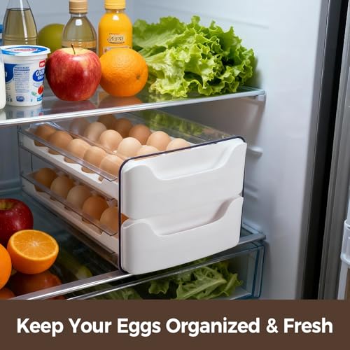 36-Egg-Holder for Fridge, Egg-Storage for Refrigerator Countertop, 2 Tier Dispenser with Drawer, Stackable Clear Egg Tray Container, Egg Organizer, Fits Large Eggs, White - size: 2 Tier-White