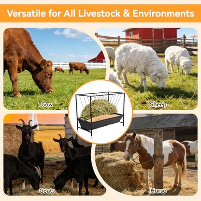 70 Gallon Pasture Hay Feeder, Heavy-Duty 2-in-1 Livestock Feeder with Grain Trough, Galvanized Steel Hay Rack for Goats, Sheep, Calves & Miniature Horses, Weather Resistant Farm Manger